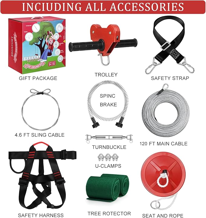 EDOSTORY 120 Feet Backyard Zip Line Kit for Kids and Adult Outdoor Up to 330lb with Stainless Steel Ziplines Spring Brake and Safety Harness, Christmas and Birthday Gifts for Kids(Red)