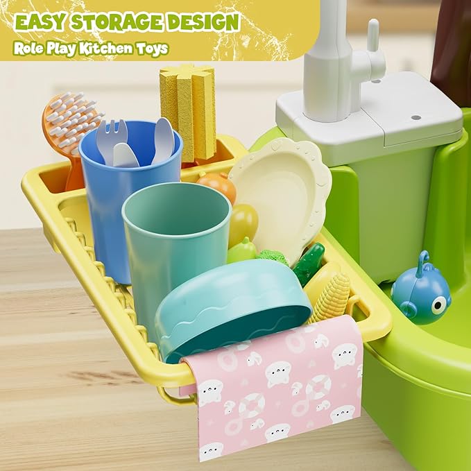 3 in 1 Play Sink with Running Water, Play Kitchen Sink Toy with Electric Faucet/Play Food/Pool Toys/Fishing Game, Pretend Play Water Table for Toddlers 3-5, Water Toys for Kids Ages 4-8