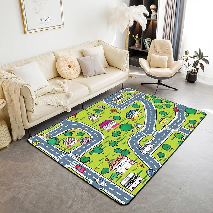 Erosebridal City Life Area Rug 3x5 Play Learn Fun Rug for Kids Children Cars Educational Road Traffic Carpet Cartoon Abstract Town Road Green Tree Non Slip Accent Rug
