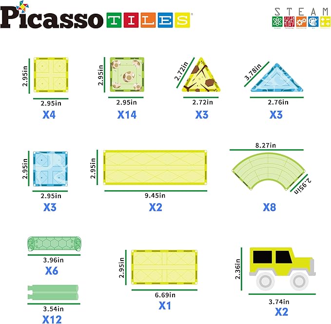 PicassoTiles Dinosaur Magnet Tile Race Car Track with 8 Magnetized Action Figures 2 Cars Accessory Street Sign Kit Magnetic Tiles Construction Building Block Pretend Play Education Toy Ages 3+ PTR02