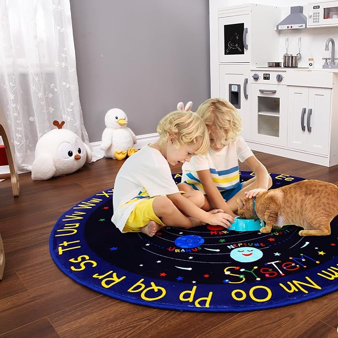 4ft Round Solar System Rug for Kids Bedroom Non Slip Outer Space Rugs Kids Play Mat Ultra Soft ABC Alphabet Learning Planet Carpet Low Pile Circle Area Rug for Playroom Classroom Nursery Blue