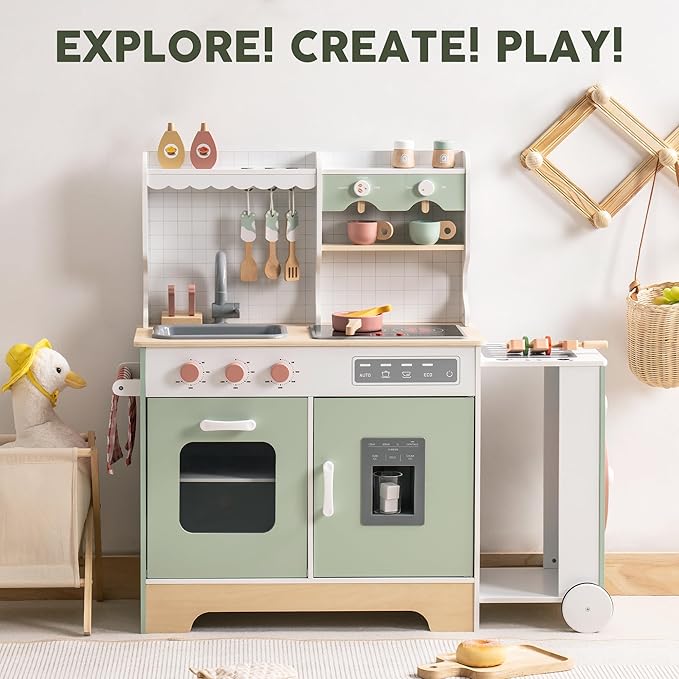 ROBUD Wooden Play Kitchen Set for Kids Toddlers, Pretend Kitchen Playset with BBQ Grill, Ice Maker, Coffee Machine, and Accessories, Toy Kitchen Gift with Lights & Sounds for Girls & Boys, Age 3+