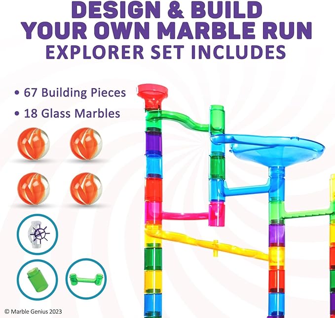 Marble Genius Marble Run - 85 Complete Pieces Maze Track Easter Toys for Adults, Teens, Toddlers & Kids Aged 4-12 Years Old (67 Translucent Marbulous Pieces + 18 Glass-Marble Set), Explorer Set