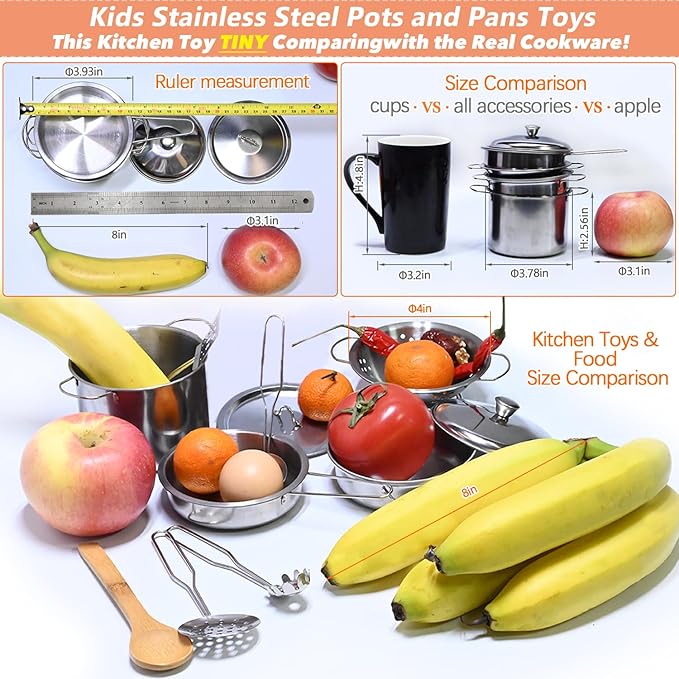 Play Pots and Pans Toys for Kids Kitchen Playset Pretend Cookware Utensils Play Set Play Cooking Toys Mini Stainless Steel Cooking Utensils Toys Kitchen Playset Accessories for Boys Girls