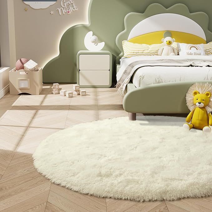 LOCHAS Luxury Round Fluffy Area Rugs for Bedroom Kids Girls Room Nursery, Super Soft Circle Rug, Cute Shaggy Carpet for Children Living Room, 5x5 Feet Cream