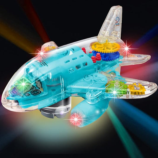 ArtCreativity Light-Up Transparent Airplane Toy for Toddlers 1-3, Fun Bump-and-Go Plane Toy for Kids 3-5, with Colorful Moving Gears, Music, and LED Effects - Perfect Airplane Gift for Boys and Girls