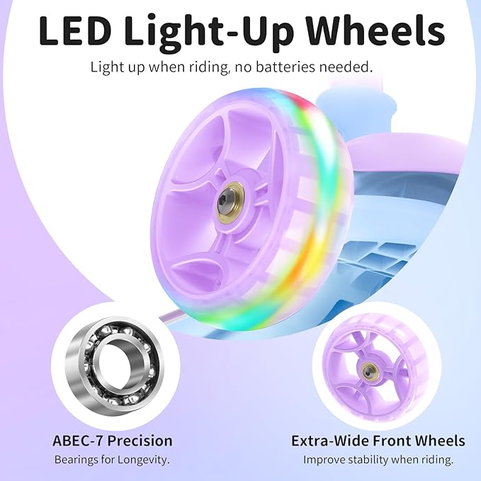 BELEEV A9 Kids Scooter with LED Light-Up Wheels & Deck, 3 Wheel Folding Scooter for Toddlers Girls Boys Ages 3-12, Adjustable Handlebar, Lean to Steer, Extra-Wide Wheels, Kick Scooter for Children