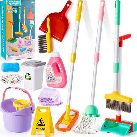 14PCS Toddler Kids Cleaning Toy Set, Kids Adjustable Mop Broom & Dustpan Set, House Cleaning Tool Toys for Toddlers 1-3,Montessori Learning Pretend Play Gift for Girl Boy 1-3-5 Year Old Clean Toy