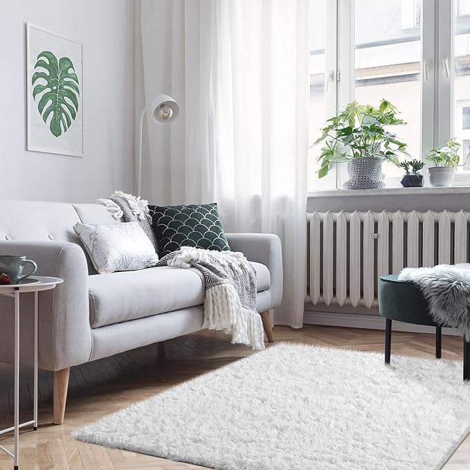 Ophanie White Area Rugs for Bedroom Fluffy, 4x6 Fuzzy Shag Plush Soft Shaggy Bedside Cream Rug, Ivory Living Room Carpet for Girls Kids Baby Teen Dorm Home Decor Aesthetic, Nursery