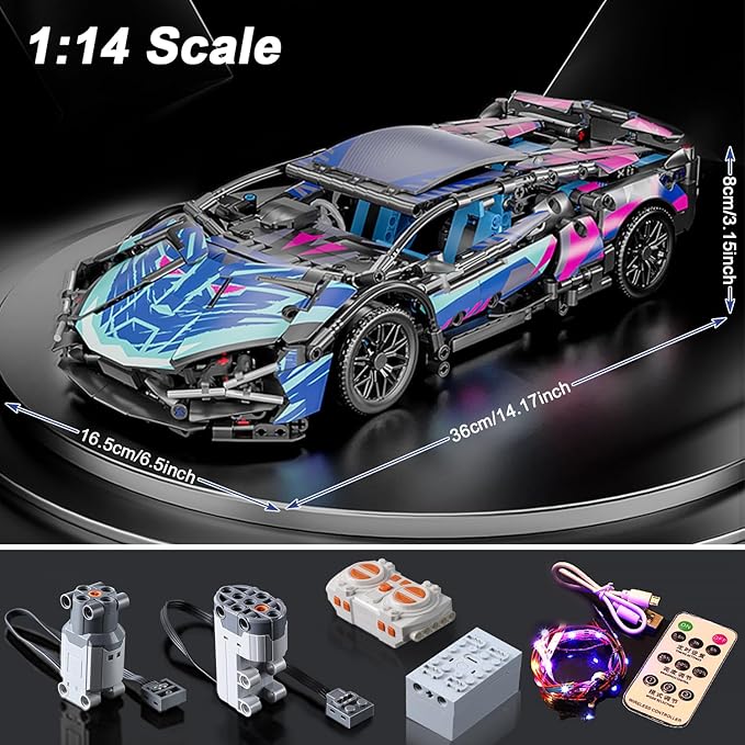 Sport Car Building Block Sets for Adults, Technical Remote Control APP Race Car with LED Lights,Collectible 1:14 Model Scale Engineering Toy Men Teens Boys Birthday Gift Age 8+ 8-12 12 13 14