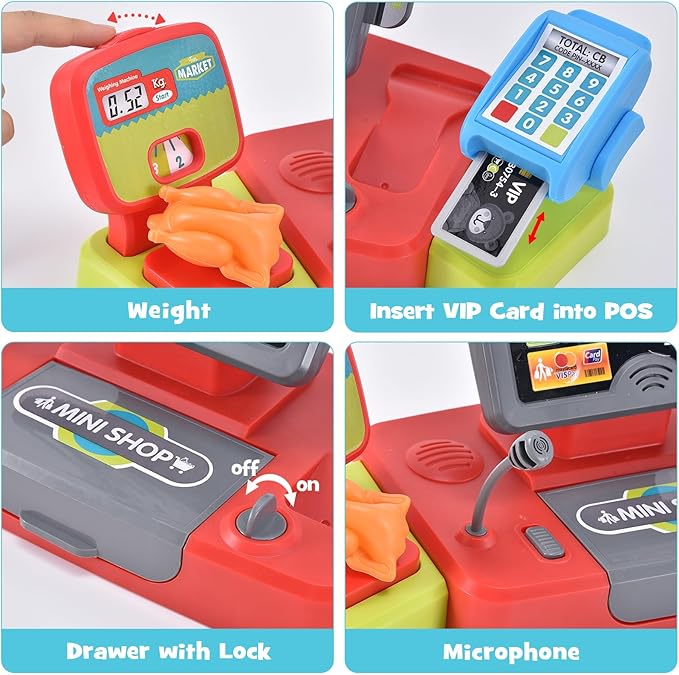 G.C Kids Cash Register Toy Pretend Play with Real Calculator Sound Scanner/Shopping Cart/Food/Play Money, Learning Counter Grocery Store Playset Toys Gift for Kid Boy Girl Age 3 4 5 6 7 8 Years Old