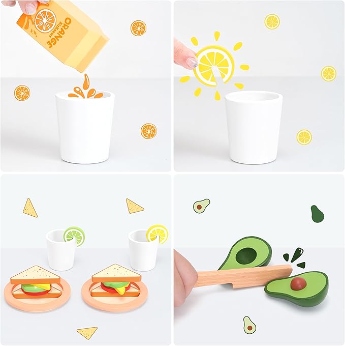 Wooden Toy Picnic Playset, 31 Pcs Wooden Play Food Sets for Kids Pretend Play Cutting Food Toys Toddlers Play Kitchen Accessories Gift for Girls Boys Age 3+