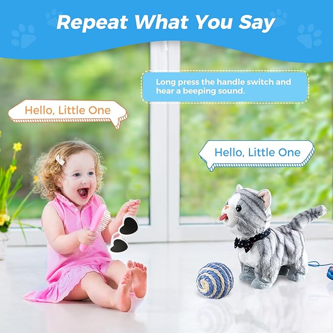 Gray Leash Walking Cat Set Toy Interactive Talking Cat Singing Dancing Kitten Mimicking Repeat What You Say Kitty Touch and Voice Control Nodding Wagging Tail Plush Electric Robot for Kid Girl