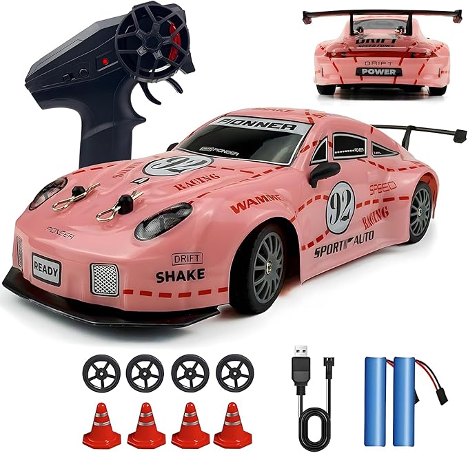 RC Drift Car 2.4GHz 1:24 Scale 4WD High Speed Remote Control Cars Vehicle with LED Lights Two Batteries and Drifting Tires Racing Sport Toy Cars for Adults Boys Girls Kids Pink