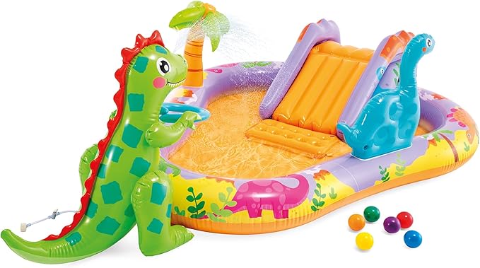 INTEX 56139EP Dino Park Inflatable Kiddie Pool: Inflatable Kids Pool with Water Sprayer and Slide – Splash Pad – 79" x 62" x 27" – Ages 3+