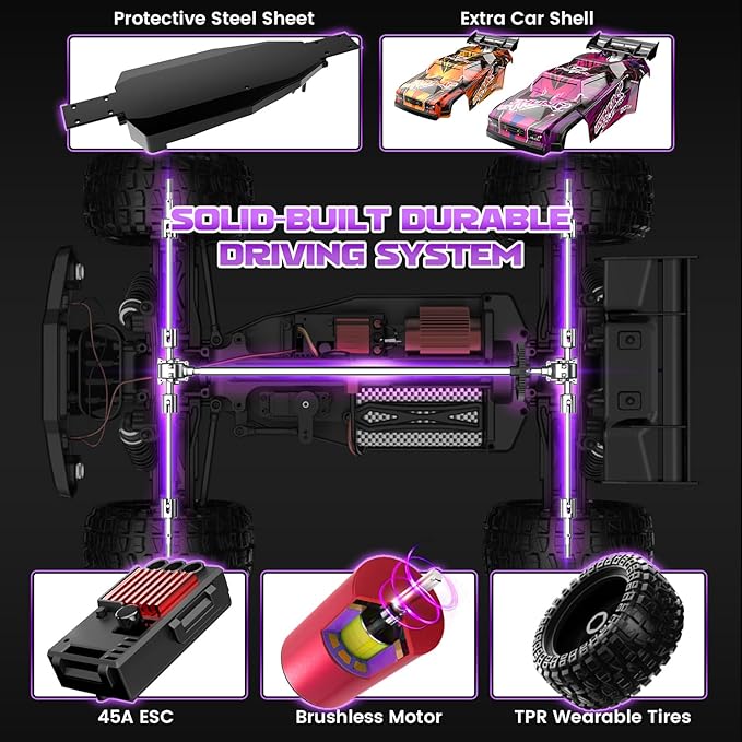 DEERC 200E 1:10 Large 3S Brushless High Speed RC Cars for Adults, 4X4 Fast RC Trucks W/Extra Shell LED Headlight, 60 KM/H, All Terrain Remote Control Car, Offroad Monster Truck for Boys,2 Battery