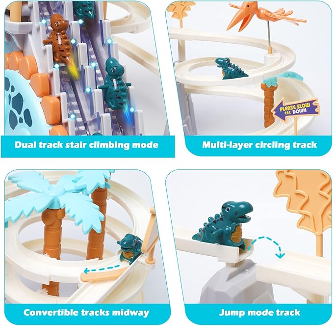 Dinosaur Chasing Race Track Game Set Double Loop Track Slide Toy Climb Stairs Toy Roller Coaster Toy with Music Educational Puzzle Playsets Gift for Toddler Kids Boys Girls Age 3+