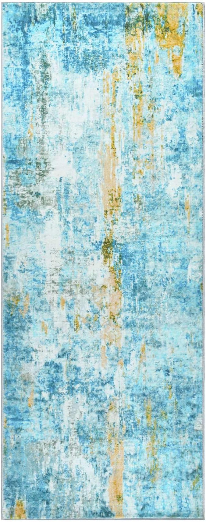 Runner Rug for Kitchen Teal Blue Hallways Runner Rug Non Slip 2'6''x8' Washable Long Runner Rugs with Rubber Backing Soft Abstract Carpet Runner for Entryway, Kitchen, Bedroom, Bathroom