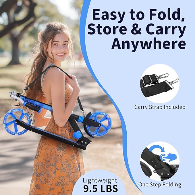 BELEEV V8 Scooters for Kids Ages 6+ with Light-Up Deck, 2 Wheel Folding Scooter for Adults Teens, 4 Adjustable Height, Lightweight Sport Commuter Scooter, Sturdy Frame, Max Load 220 lbs