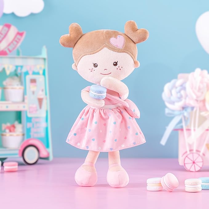 Onetoo First Baby Dolls Plush Rag Doll Soft Baby Toy Girls Sleeping Cuddle Buddy Doll Wear Pink Dress 14"