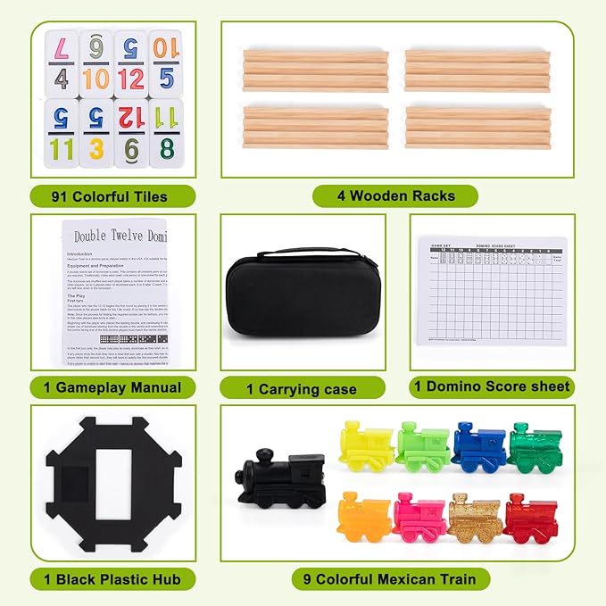 Mexican Train Dominoes Set with 4 Wooden Racks & Portable Case | Double 12 Dominoes Game (91 Numbered Tiles) | Family Board Games for Adults & Kids | Valentine's Day, for All Ages