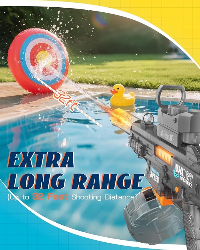 Electric Water Gun for Kids & Adults - Automatic Squirt Gun with up to 32FT Range, Built-in LED Lights & 350mL Leakproof Tank, Rechargeable Summer Pool Beach Outdoor Water Toys for Ages 3+