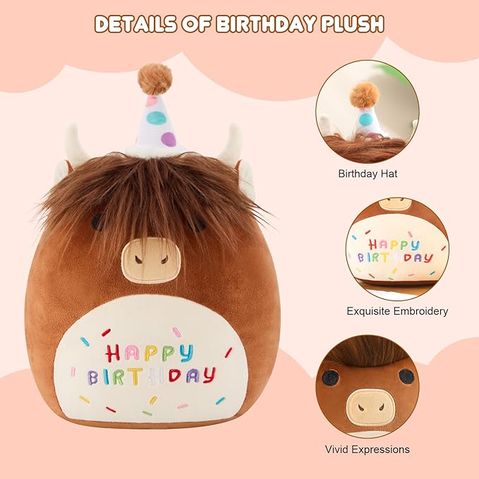 SQEQE Happy Birthday Highland Cow Plush Cute Cow Stuffed Animal Toy Brown Cow Plushies Doll Home Decor for Kids Girls Boys(Cow, 10 Inch)