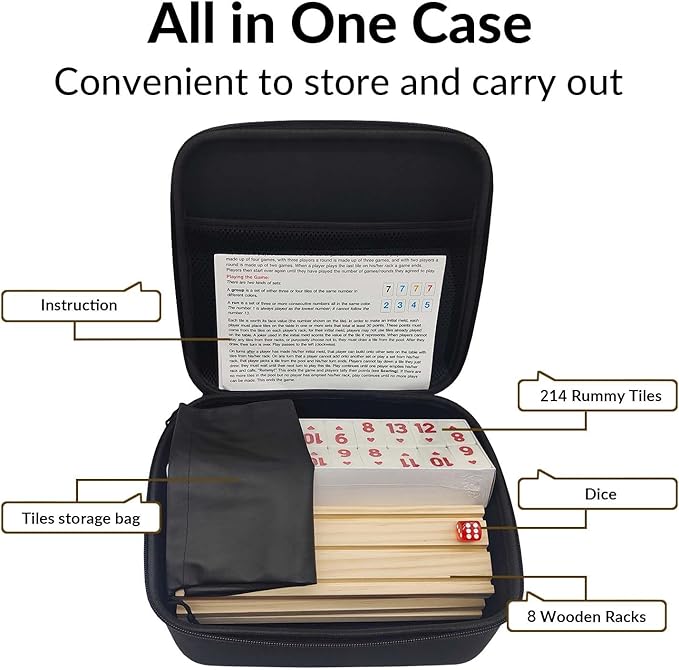 Rummy Cube 8 Player Edition with 8 Wooden Racks, Rummy Cube Game with Case 8 Players with Portable Case 214 Tiles Rummy Cube Travel Game Set for Family Adults Kids