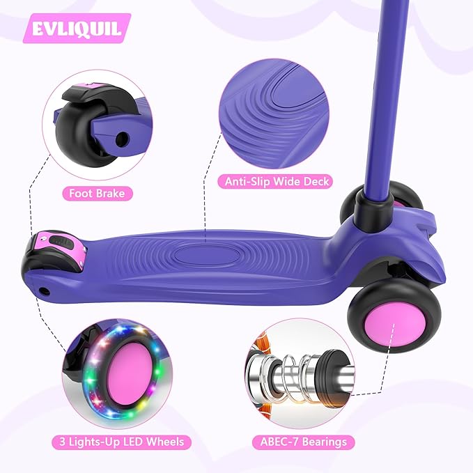 Kids Scooter,LED Lighted Wheels and 3 Adjustable Height Handlebars Scotters for Kids 3-12,3 Wheel Toddler Kick Scotter for Boys & Girls up to 132 Lbs.