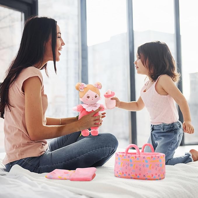 OUOZZZ 10" Soft Baby Doll Set with Plush Doll, Bassinet, Blanket and Bottle, Pretend Playset for Emotional Social Education Doll for 2 Year Olds Girls Christmas Birthday Gift Pink