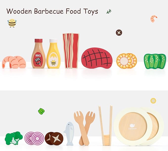 Wooden Play Food for Kids Kitchen - 24 Pcs Montessori Pretend Play Kitchen Accessories, Educational Learning Toys with Toy Fruits, Vegetables & Meat, Gift for Boys Girls Ages 3-6