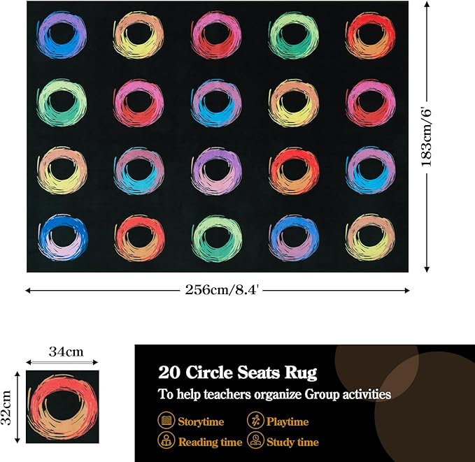 STARUIA Educational Large Carpet Classroom Rug for Kids Room, 6x8.4 Abstract Black Area Rug with Colorful Handpainted Circles, Stain-Resistant High-Traffic Kids Rugs for Playroom Elementary