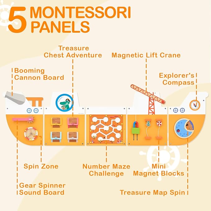 Monläurd® Wooden Ship Activity Wall Panel for Kids, Sensory Wall Toy, Activity Cube, Wall Toys for Toddlers 1-3, Playroom Toys, Daycare Furniture, Montessori Busy Board