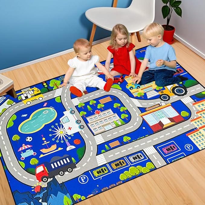 Car Rugs for Kids Toy Cars - Kids Carpet for Playroom Car Track Rug City Life Road Rug for Playroom Living Room Bedroom Classroom Decor, Blue, 2'5''×4'