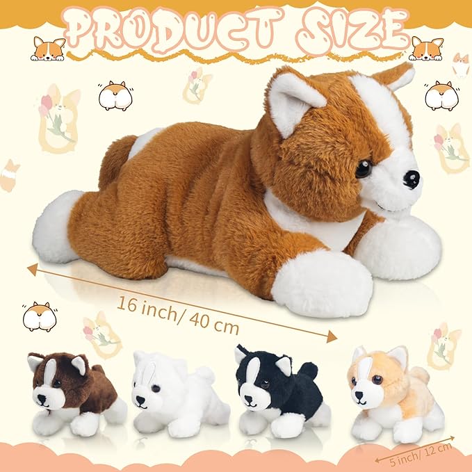 5 Pcs Corgi Stuffed Animal with 4 Babies Puppy Inside Big Mommy Dog Stuffed Animals in Zipper Belly Pouch, Cute Stuffed Corgi Plush Gifts for Kids Boys Girls Birthday Christmas Easter Stuffers Gifts