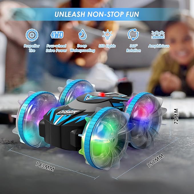 Beach Amphibious Remote Control Car Toys,2.4 GHz Remote Control Boat Waterproof, All Terrain RC Stunt Car with LED Lights, Land Water Boat Birthday Gifts Toys for 6-12 Year Old Boys Girls
