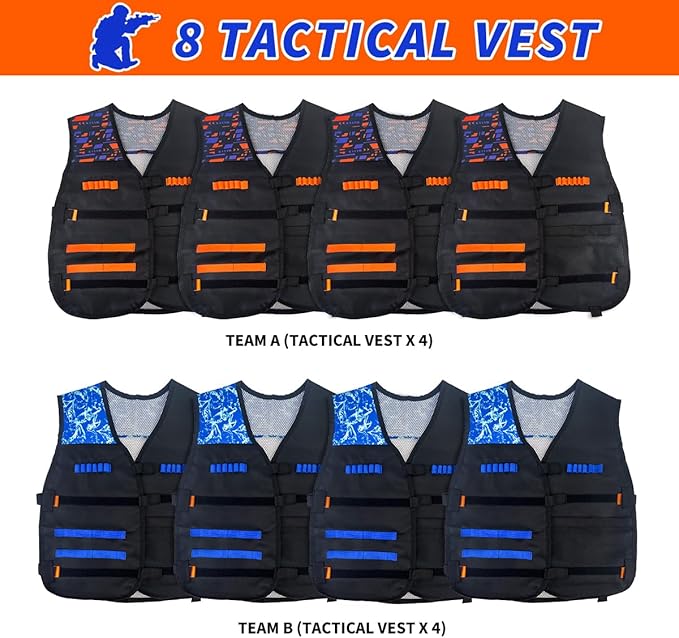 Kids Party Supplies Favor Kit for Nerf - 8 Toys Foam Dart Guns, 8 Tactical Vests, 160 Soft-Tip Darts, 8 Protective Goggles & Masks, Wristbands – for Boys Birthday Parties, Outdoor Games