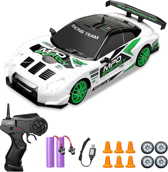 Remote Control Car RC Drift Car 2.4GHz 1:24 Scale 4WD 15KM/H High Speed, Rechargeable High Speed RC Cars with Cool Lights, Two Batteries and Extra Tires Toys for Kids