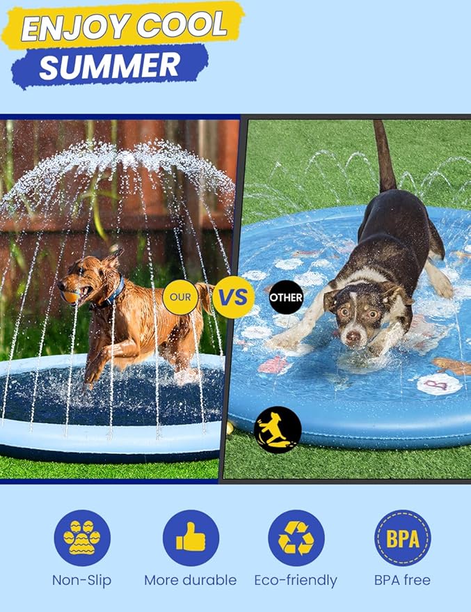 87inch Dog Splash Pad Non-Slip Large, Pet Dogs Cool Sprinkler Pool Heavy Duty XL Splash Pads for Kiddie Baby Wading Pool Summer Outdoor Play Water Fun Toy Gift Easy to Use/Clean