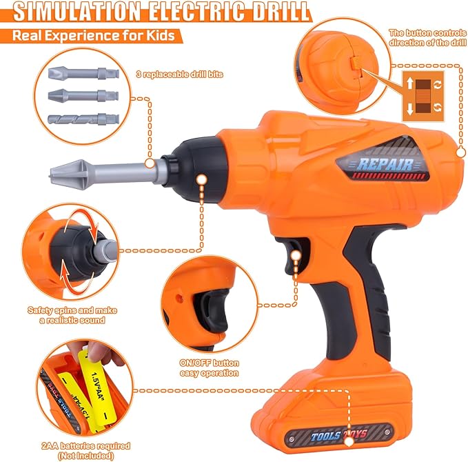 Magic4U 52PCS Toddler Tool Set with Electric Drill Toy & Kids Tape Measure, Pretend Play Construction Toys Costume with Kids Tool Belt, Toy Tool Bag for Boy Girls Age 3-8