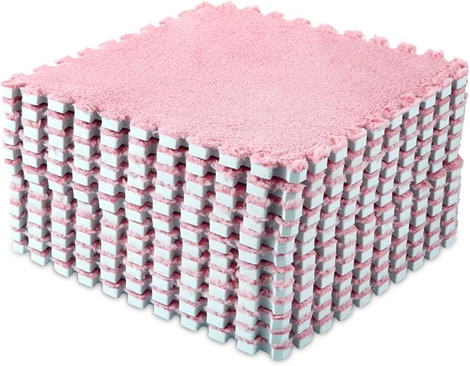 Interlocking Carpet Shaggy Soft EVA Foam Mats Fluffy Area Rugs Protective Floor Tiles Exercise Play Mat for Children Kids Room Home Parlor Bedroom (12 pcs, Light Pink)