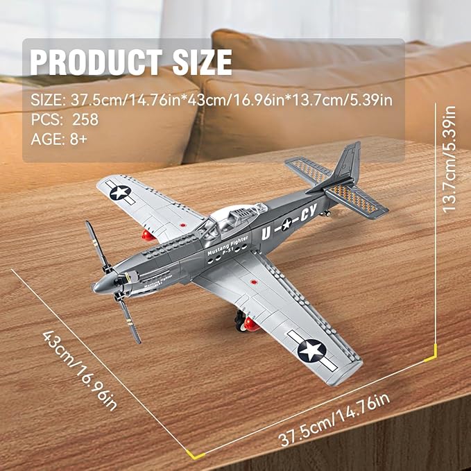 DAHONPA P51 Fighter Military Army Airplane Building Bricks Set, 258 Pieces Air-Force Build Blocks Toy, Gift for Kid and Adult