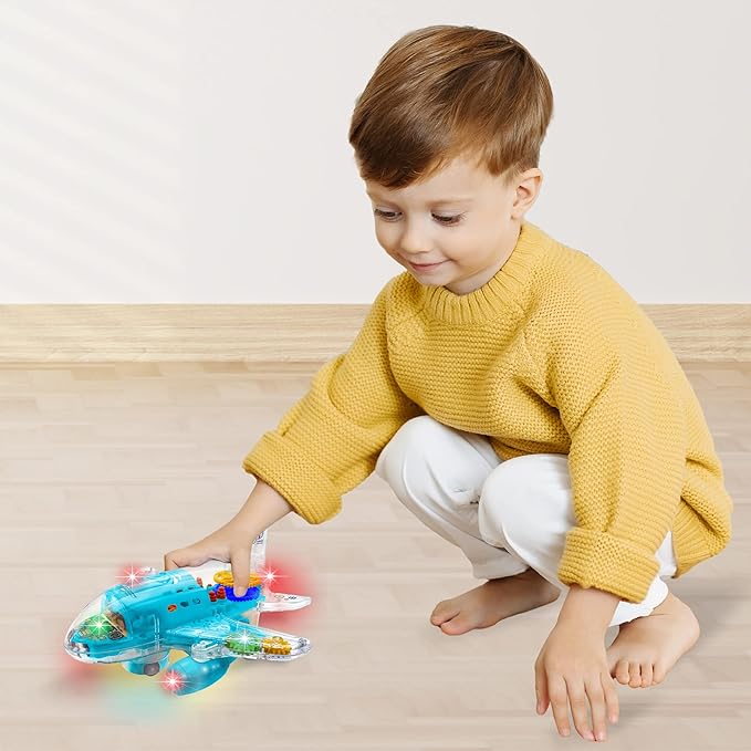 ArtCreativity Light-Up Transparent Airplane Toy for Toddlers 1-3, Fun Bump-and-Go Plane Toy for Kids 3-5, with Colorful Moving Gears, Music, and LED Effects - Perfect Airplane Gift for Boys and Girls