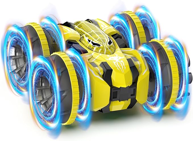 Waterproof Remote Control Car，4WD Amphibious 2.4 GHz RC Car Remote Control Boat，360°Rotation RC Stunt with LED Lights，Boys Girls Gifts All Terrain Water Beach Pool Toy Yellow