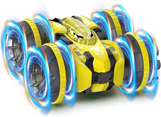 Waterproof Remote Control Car，4WD Amphibious 2.4 GHz RC Car Remote Control Boat，360°Rotation RC Stunt with LED Lights，Boys Girls Gifts All Terrain Water Beach Pool Toy Yellow