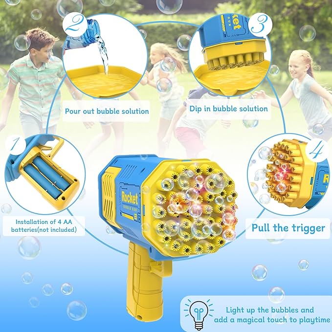 2 Bubble Gun with 2 Bottles Refill Solution for Kids, 40-Hole Light Up Rocket Bubble Machine for Toddlers 1-3, Blue Bubble Blaster Maker, Party Favors Toys for Boys Girls 4-8 Birthday Gifts
