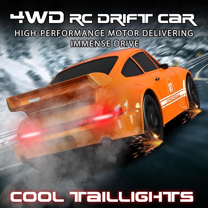 Remote Control Car, 1/24 Scale RC Drift Car, 4WD 15KM/H High Speed RC Cars, Racing Sport Toy Car with LED Lights, Racing Tire, Birthday for Kids Boys Girls, Rechargeable Battery