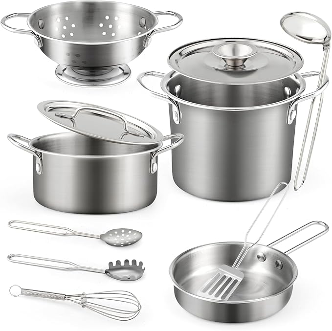 12Pcs Large Size Kids Pots and Pans Playset, Pretend Play Kitchen Set Toy Stainless Steel Pots and Pans Cooking Toys Accessories for Kids Toddler Age 3 Years Old