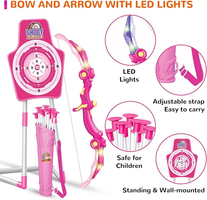 GMAOPHY Bow and Arrow Toys with LED Flash Lights, Birthday Gift for Girls 4 5 6 7 8 9 10 Year Old, Archery Set Indoor Outdoor Activity with 20 Suction Cup Arrows, 2 Targets & Quiver, Kids Sport Toys
