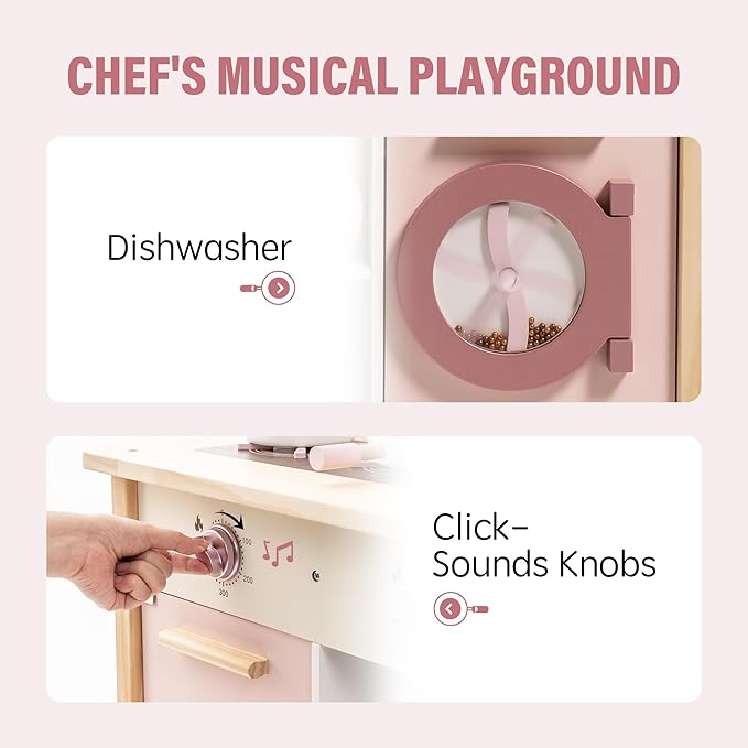 ROBUD Play Kitchen for Kids Toddlers, Wooden Play Kitchen with Realistic Accessories, Toy Kitchen Set with Plenty of Play Features, Modern Style Toy Kitchen for Girls & Boys, Gift for Ages 3+, Pink